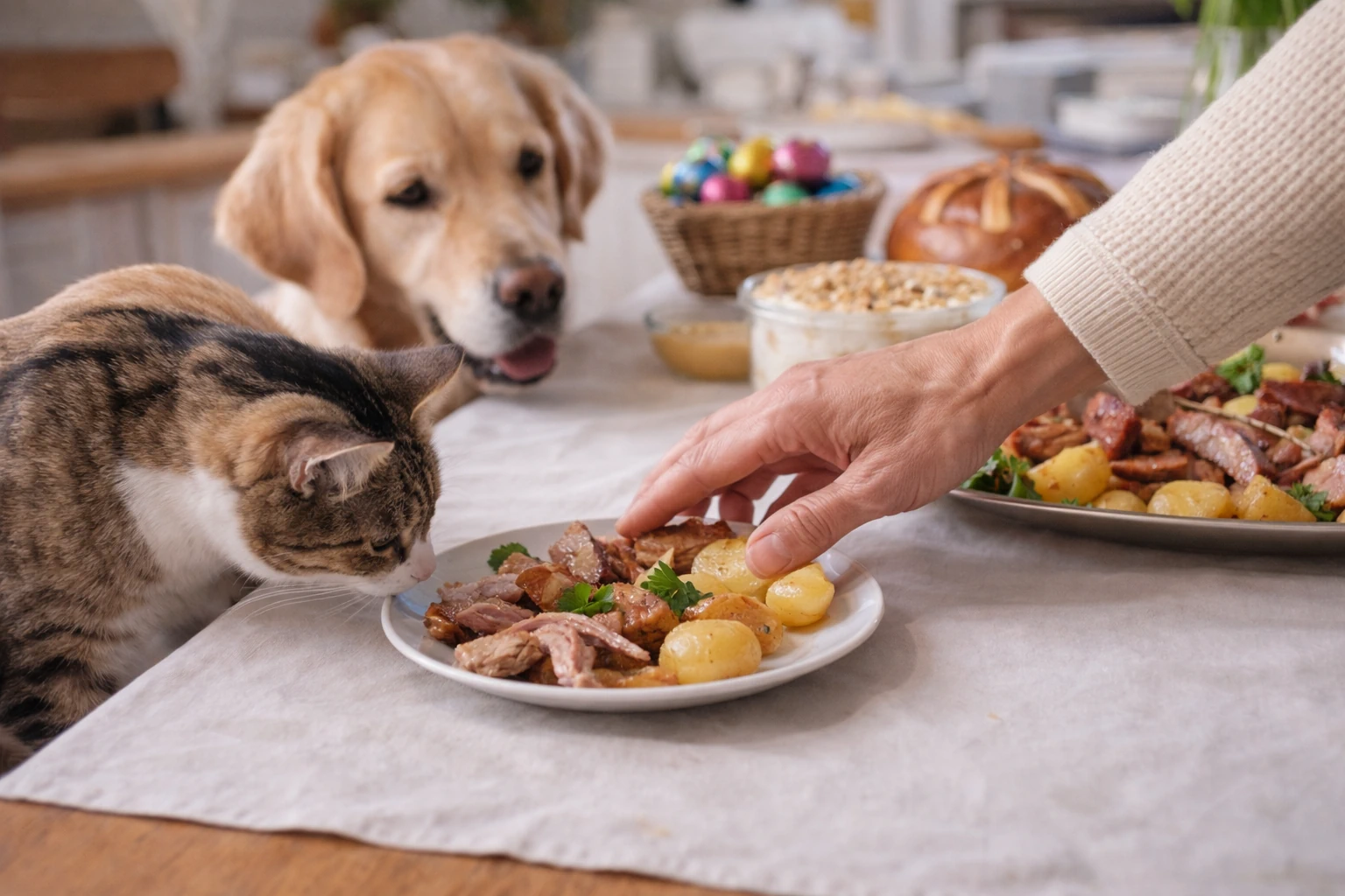 Cão e gato perto de uma mesa de Páscoa enquanto uma mão afasta comida do seu alcance