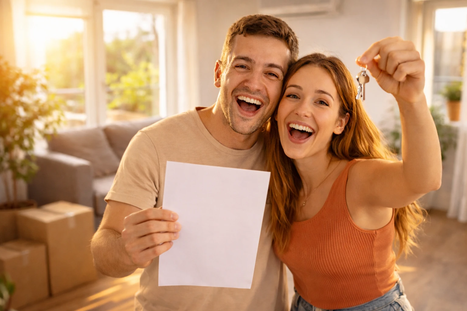Casal jovem feliz na nova casa a celebrar aprovação de apoio à renda com chaves e documento