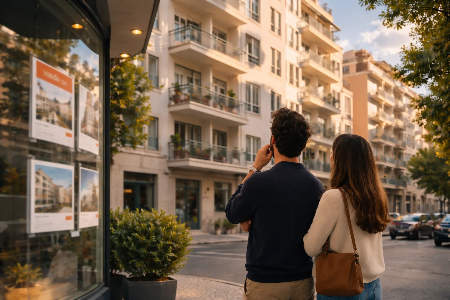 Pessoas a olhar para prédios residenciais numa zona urbana em Portugal