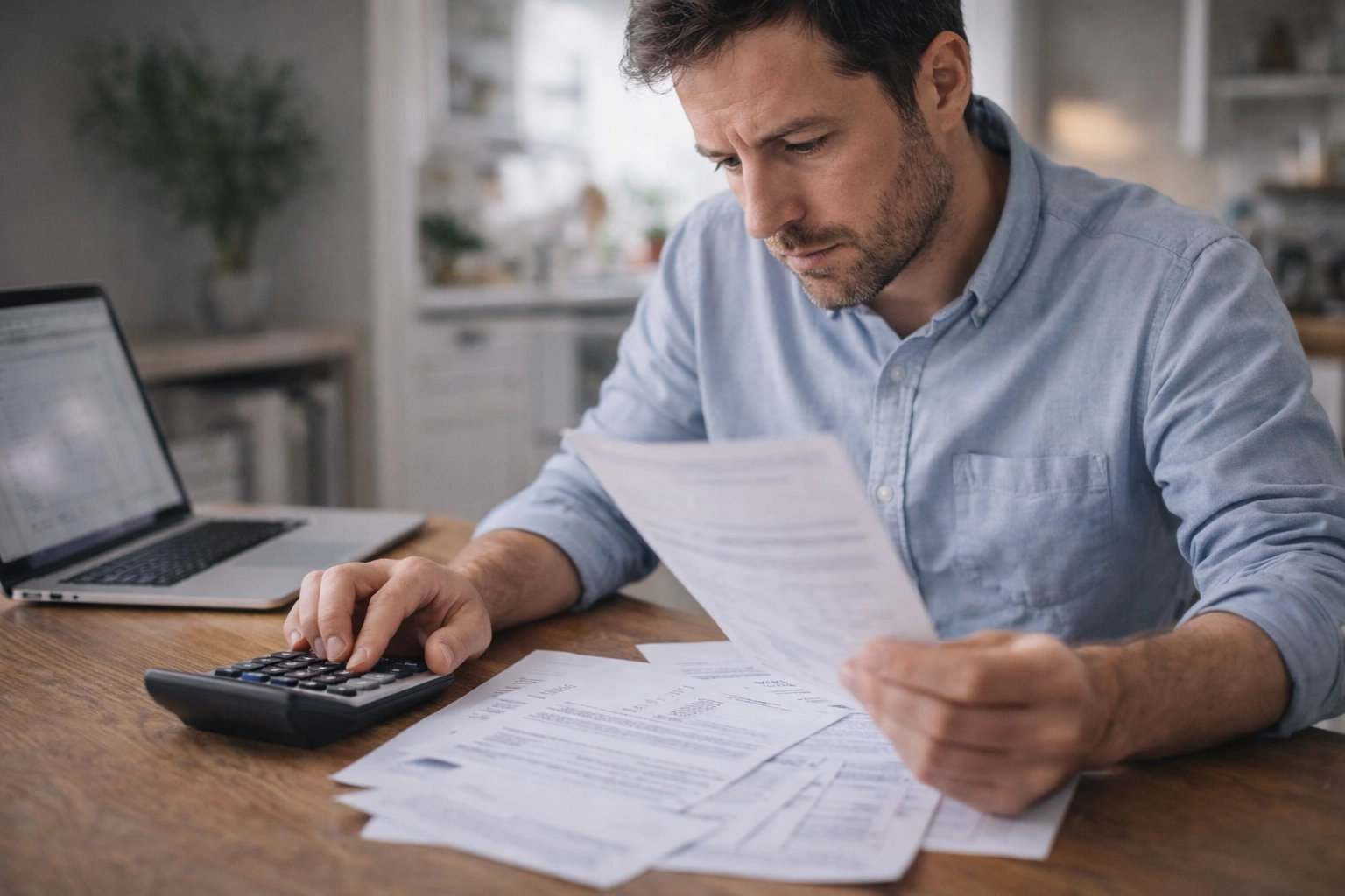 Pessoa a fazer contas ao crédito da casa com documentos e calculadora