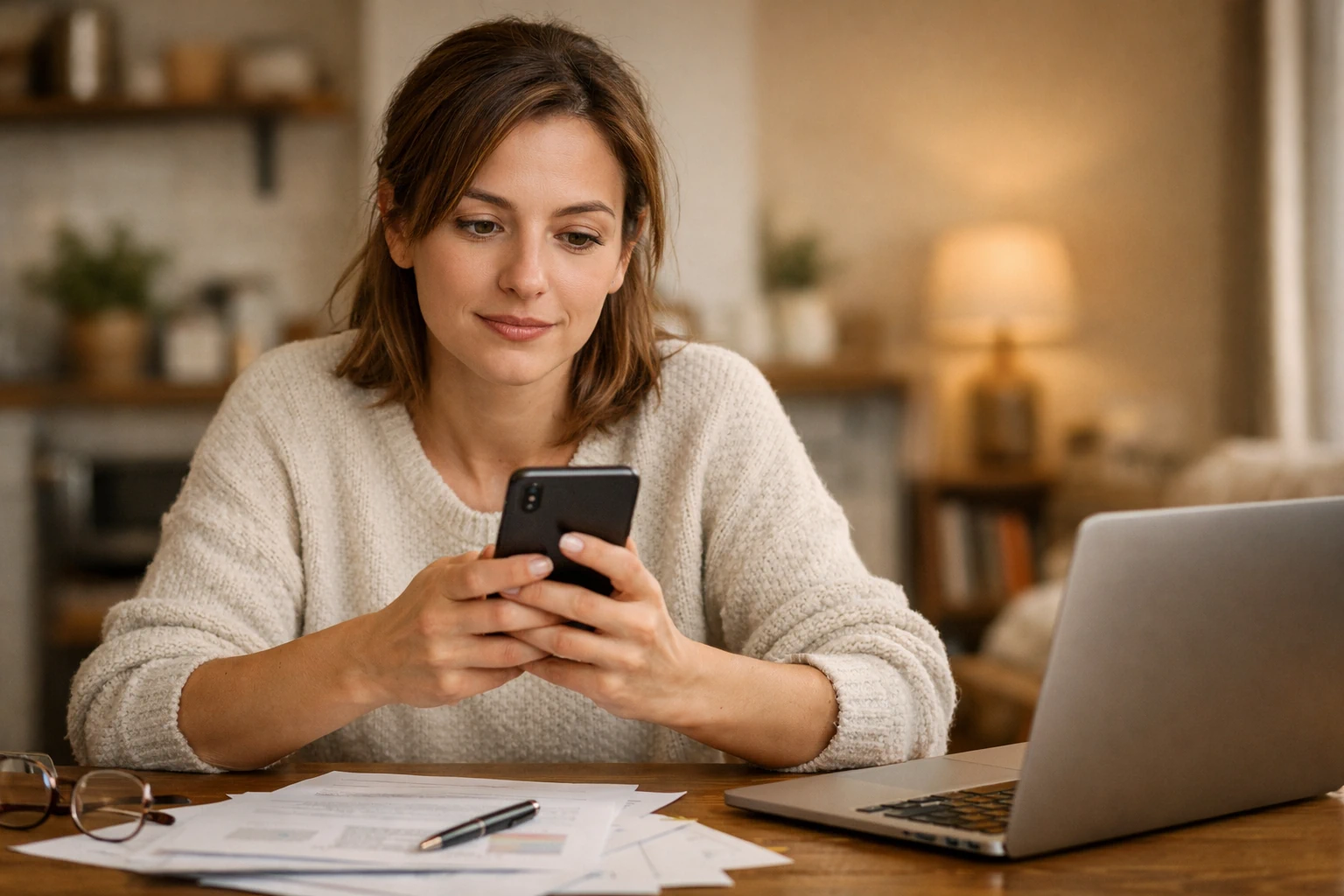 Pessoa sentada à mesa em casa a verificar o telemóvel, com documentos e portátil aberto ao fundo.