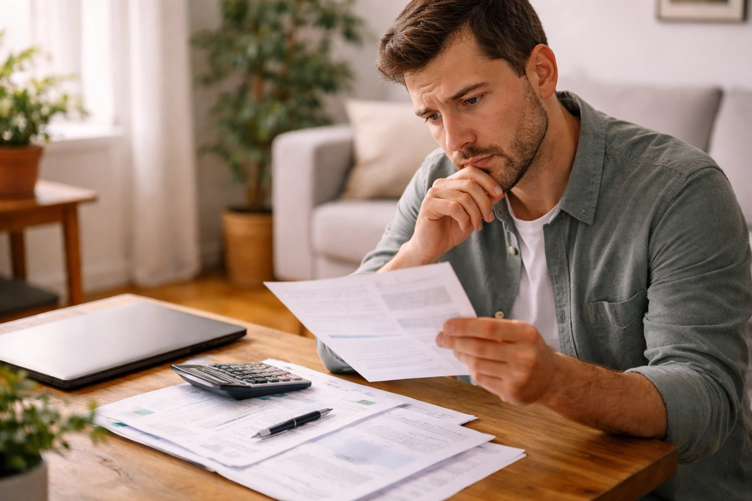 Pessoa a analisar documentos de rendimento e impostos em casa