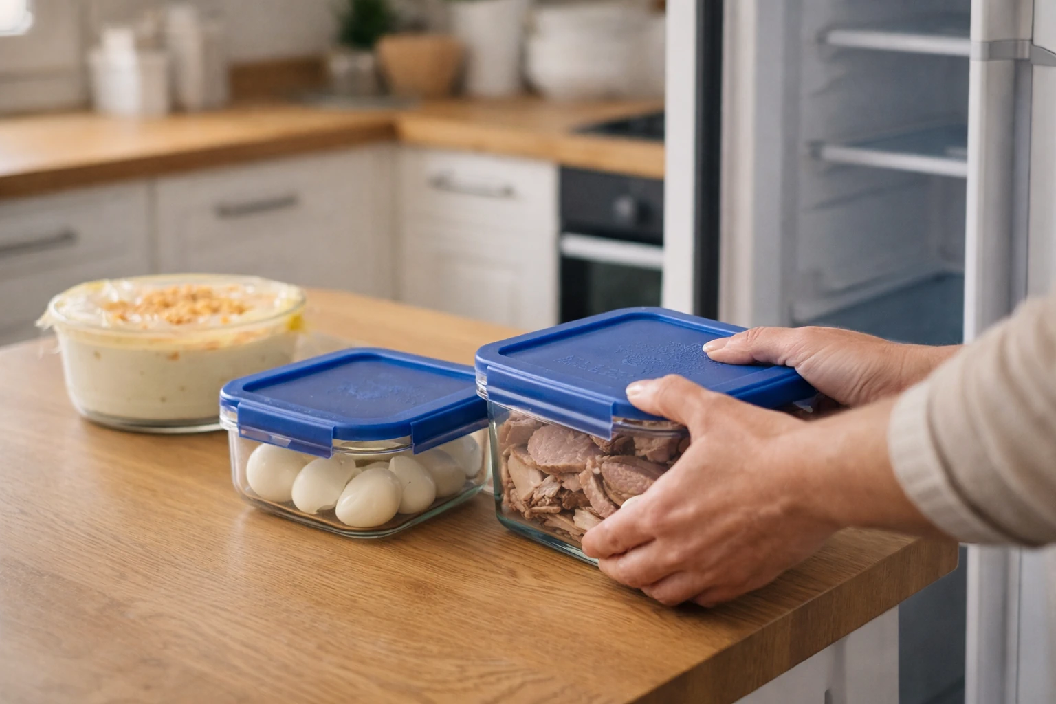 Recipientes com sobras de Páscoa organizados numa cozinha antes de irem para o frigorífico