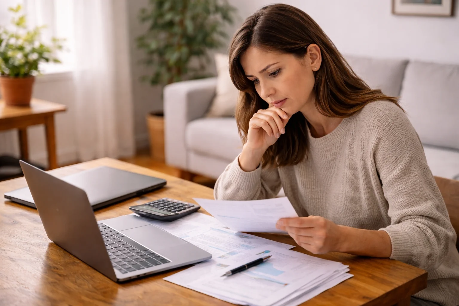 Pessoa a analisar documentos financeiros em casa com expressão de dúvida