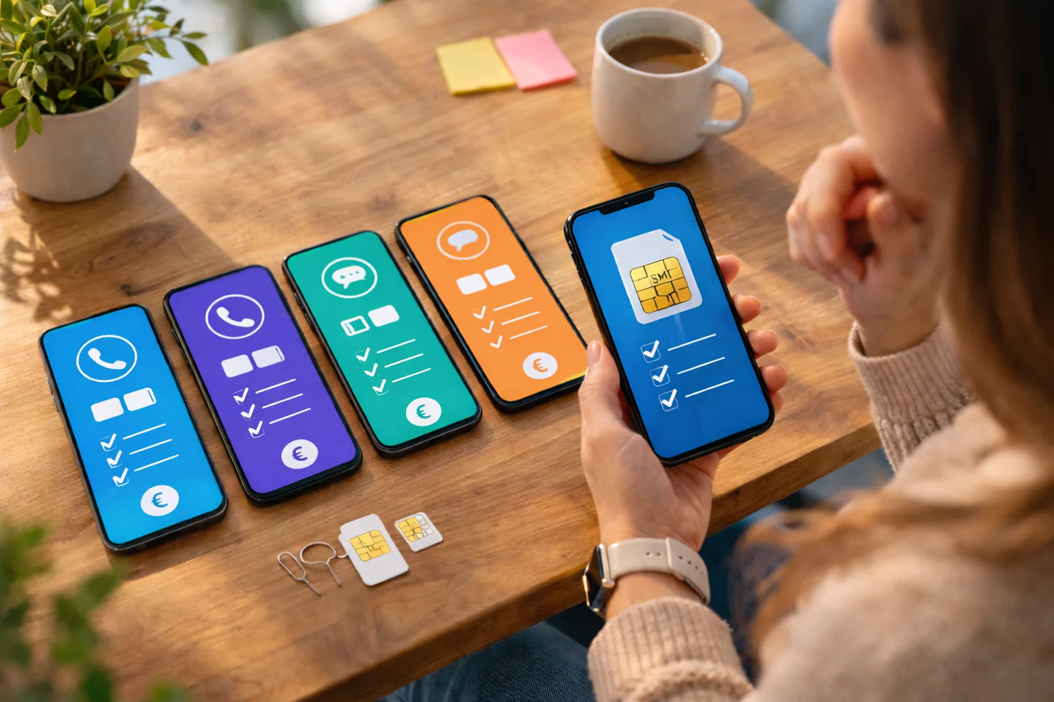 Vários smartphones lado a lado numa mesa representando comparação de tarifários móveis