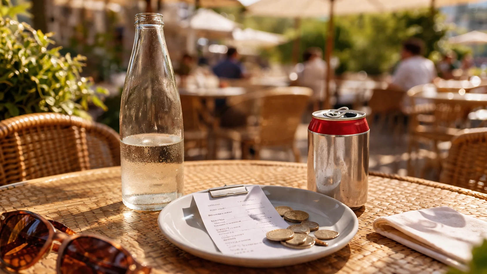 Cliente a receber bebida numa garrafa ou lata num restaurante com a embalagem em destaque