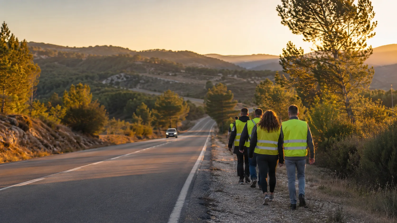 Grupo de peregrinos a caminhar pela berma de uma estrada portuguesa com coletes refletores