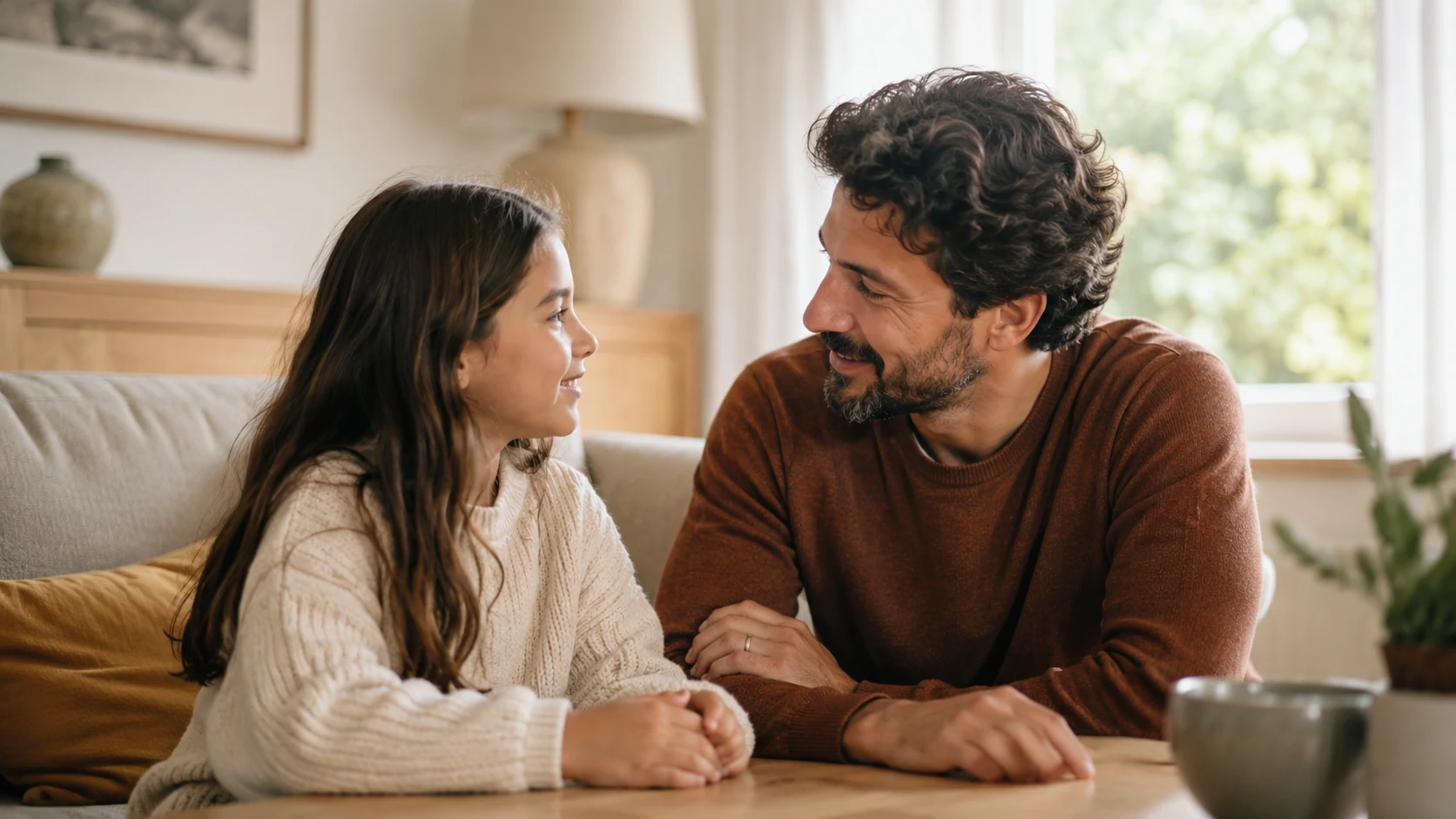 Adulto a conversar com uma criança no Dia da Criança