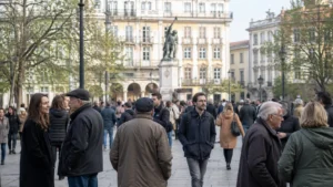 Pessoas reunidas numa praça em contexto de celebração do Dia do Trabalhador