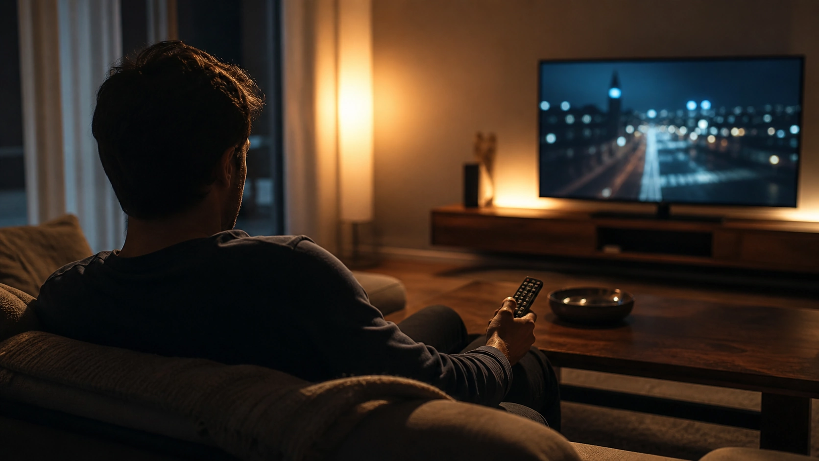 Pessoa a ver uma série de ação na televisão em casa