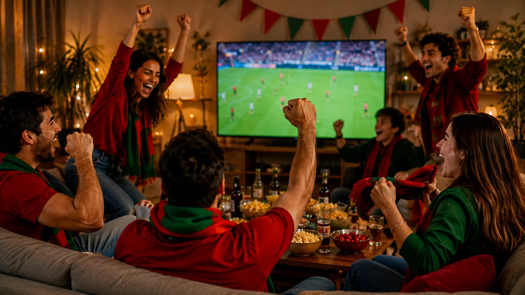 Adeptos de Portugal a ver um jogo do Mundial 2026 na televisão