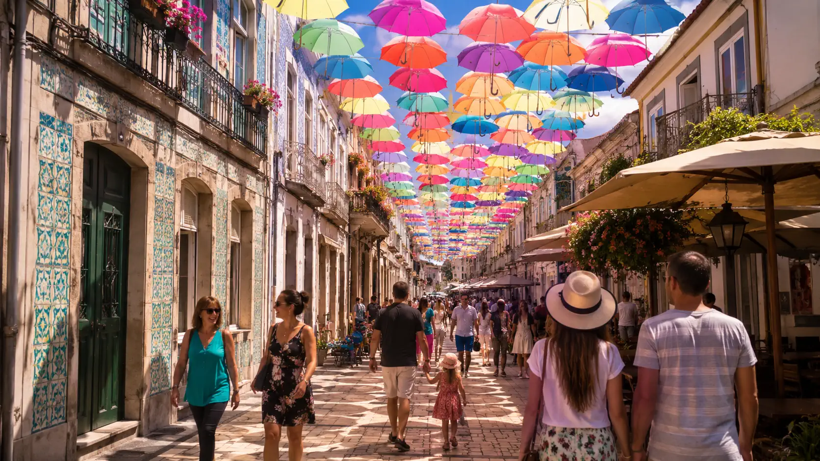 Rua de Águeda decorada com guarda-chuvas coloridos durante o AgitÁgueda 2026