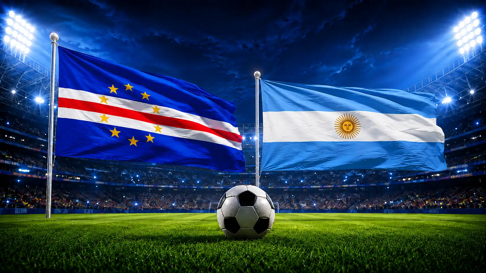 Bandeira de Cabo Verde e Argentina em ambiente de estádio de futebol.