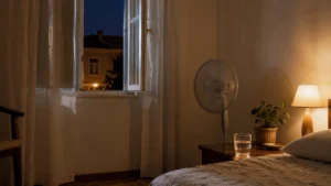 Quarto com janela entreaberta, ventoinha e copo de água durante uma noite quente de verão.