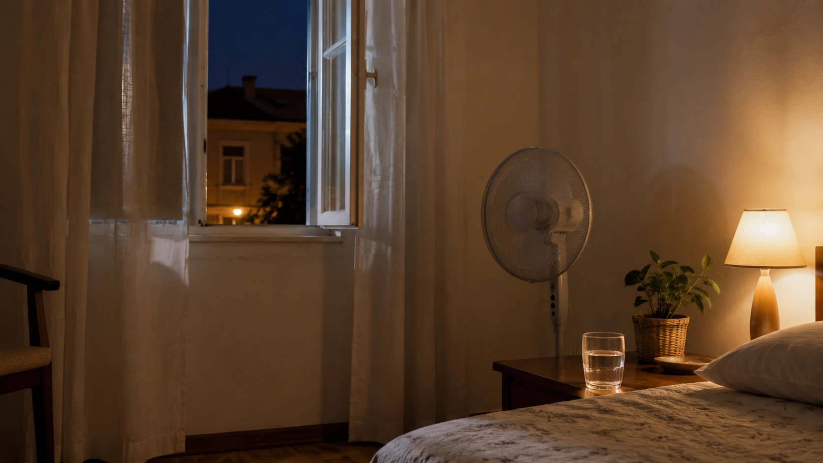 Quarto com janela entreaberta, ventoinha e copo de água durante uma noite quente de verão.