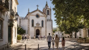 Praça portuguesa junto a uma igreja no feriado do Corpo de Deus