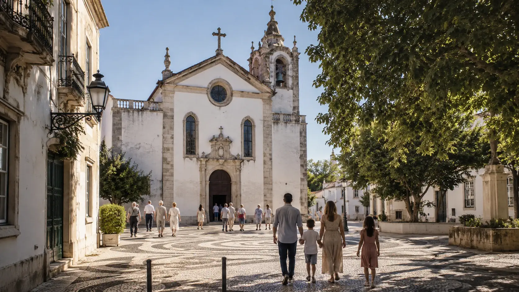 Praça portuguesa junto a uma igreja no feriado do Corpo de Deus