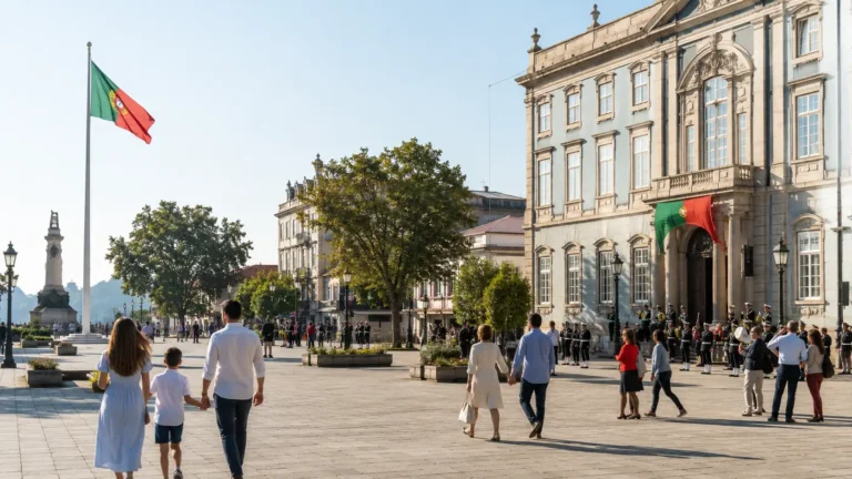Bandeira portuguesa numa praça em dia de feriado nacional