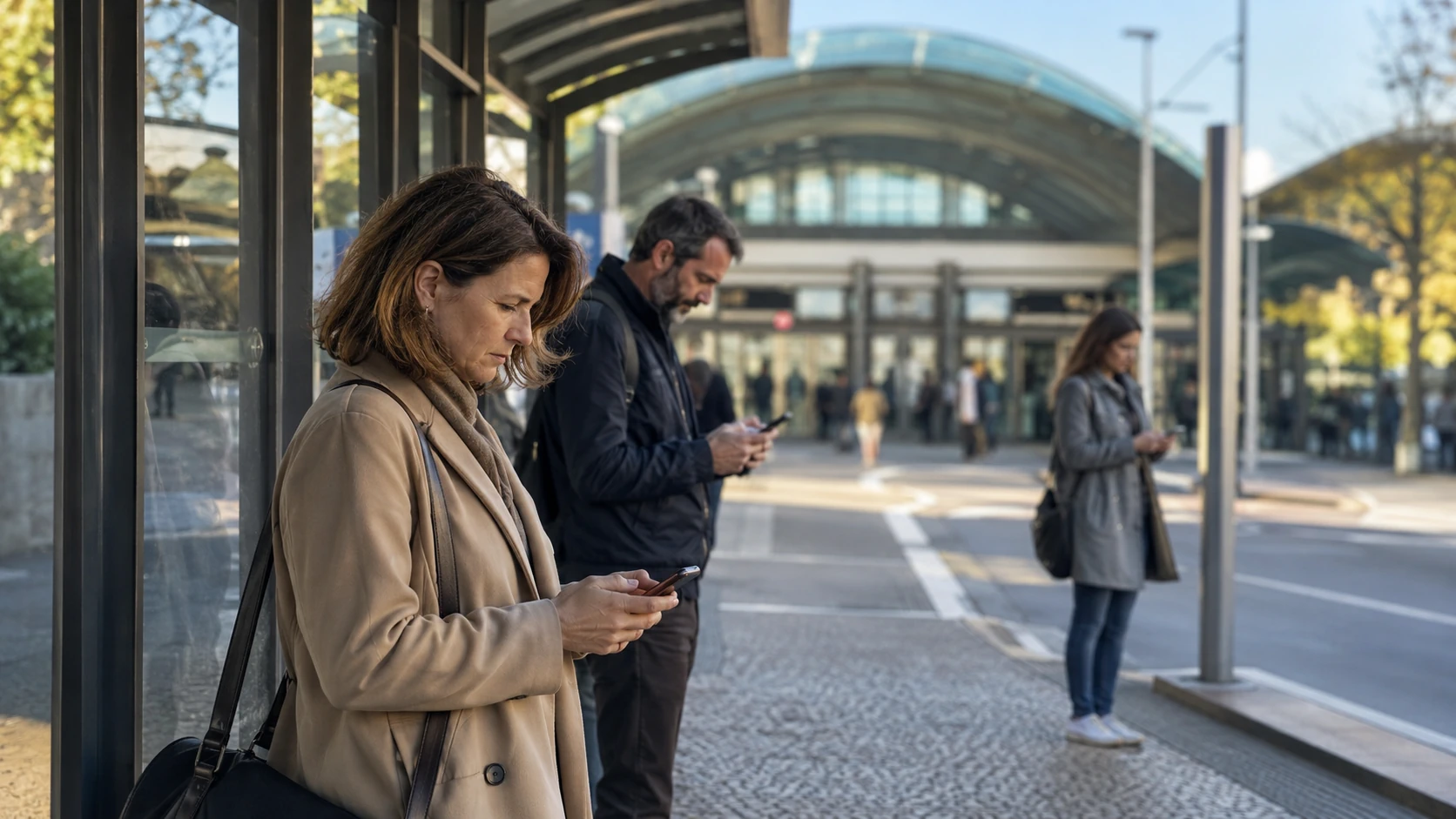 Pessoas numa estação a consultar informação durante a greve geral de 3 de junho