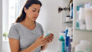 Pessoa a verificar produtos de primeiros socorros em casa após alerta do Infarmed sobre o Calmidine