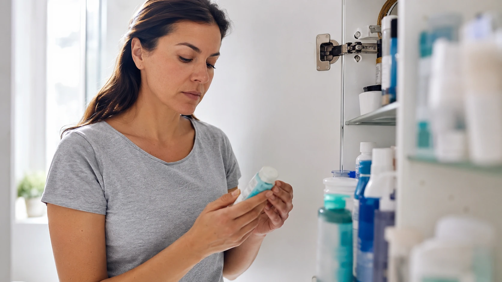 Pessoa a verificar produtos de primeiros socorros em casa após alerta do Infarmed sobre o Calmidine