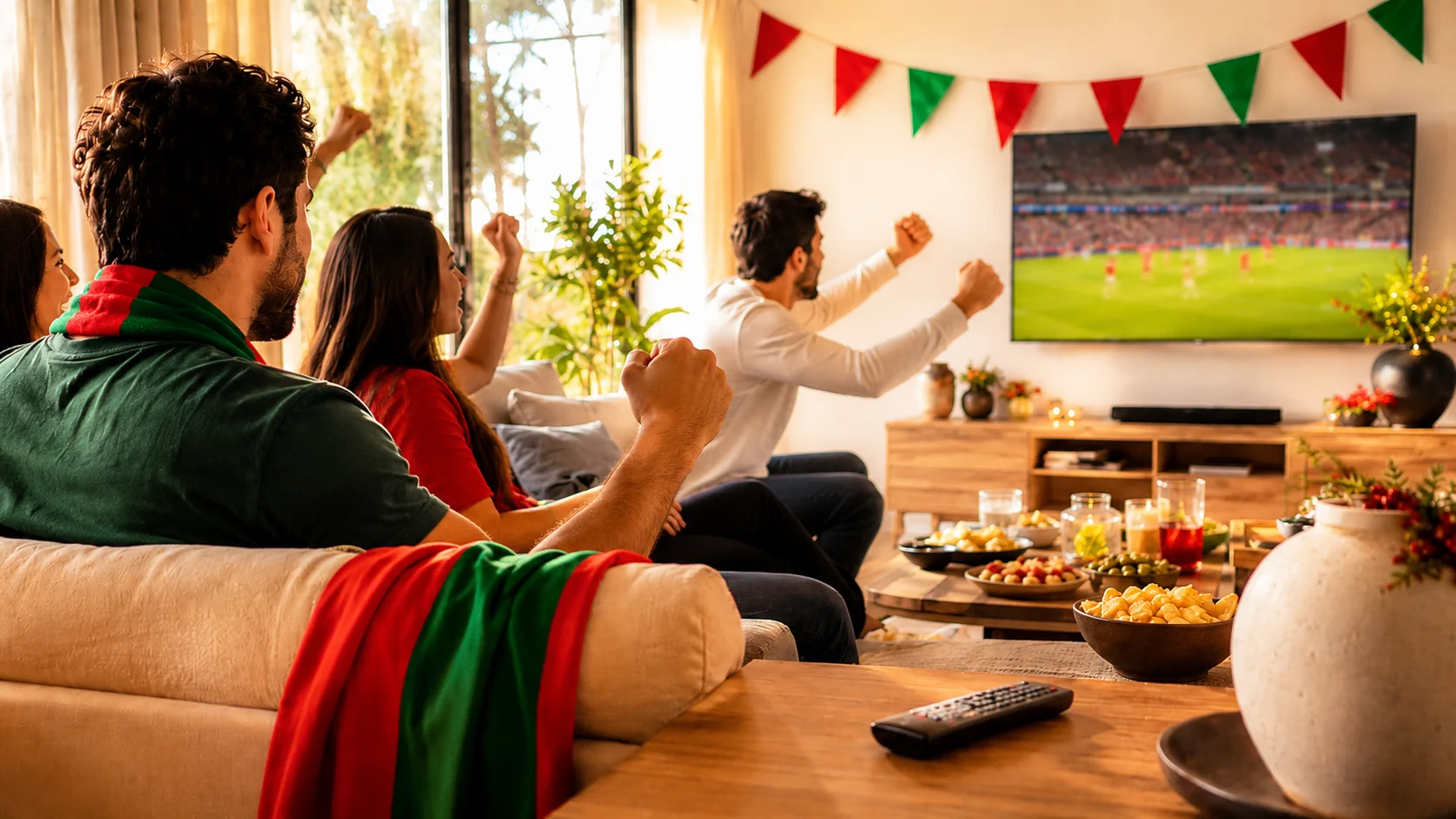 Pessoas a preparar-se para ver os jogos de Portugal no Mundial 2026 na televisão