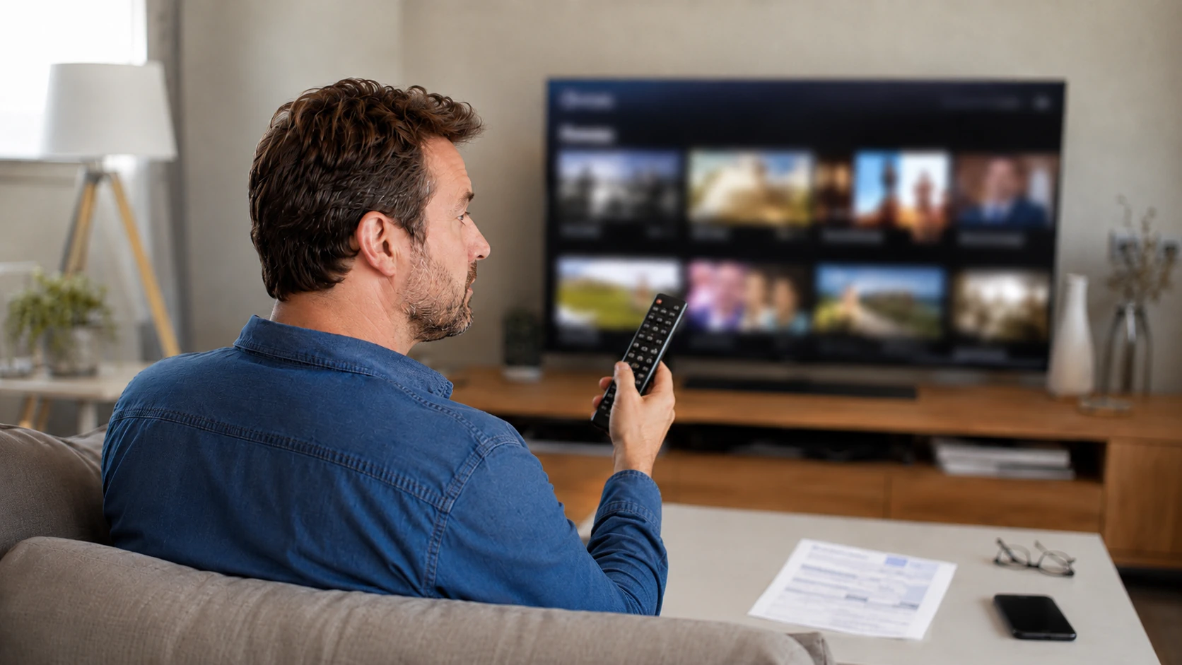 Pessoa com comando na mão diante da televisão e de uma fatura de telecomunicações