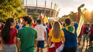 Adeptos de várias nacionalidades junto a um estádio antes do arranque do Mundial 2026