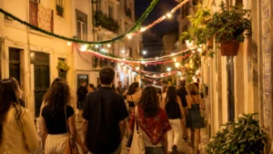 Pessoas a caminho dos arraiais na noite de Santo António em Lisboa
