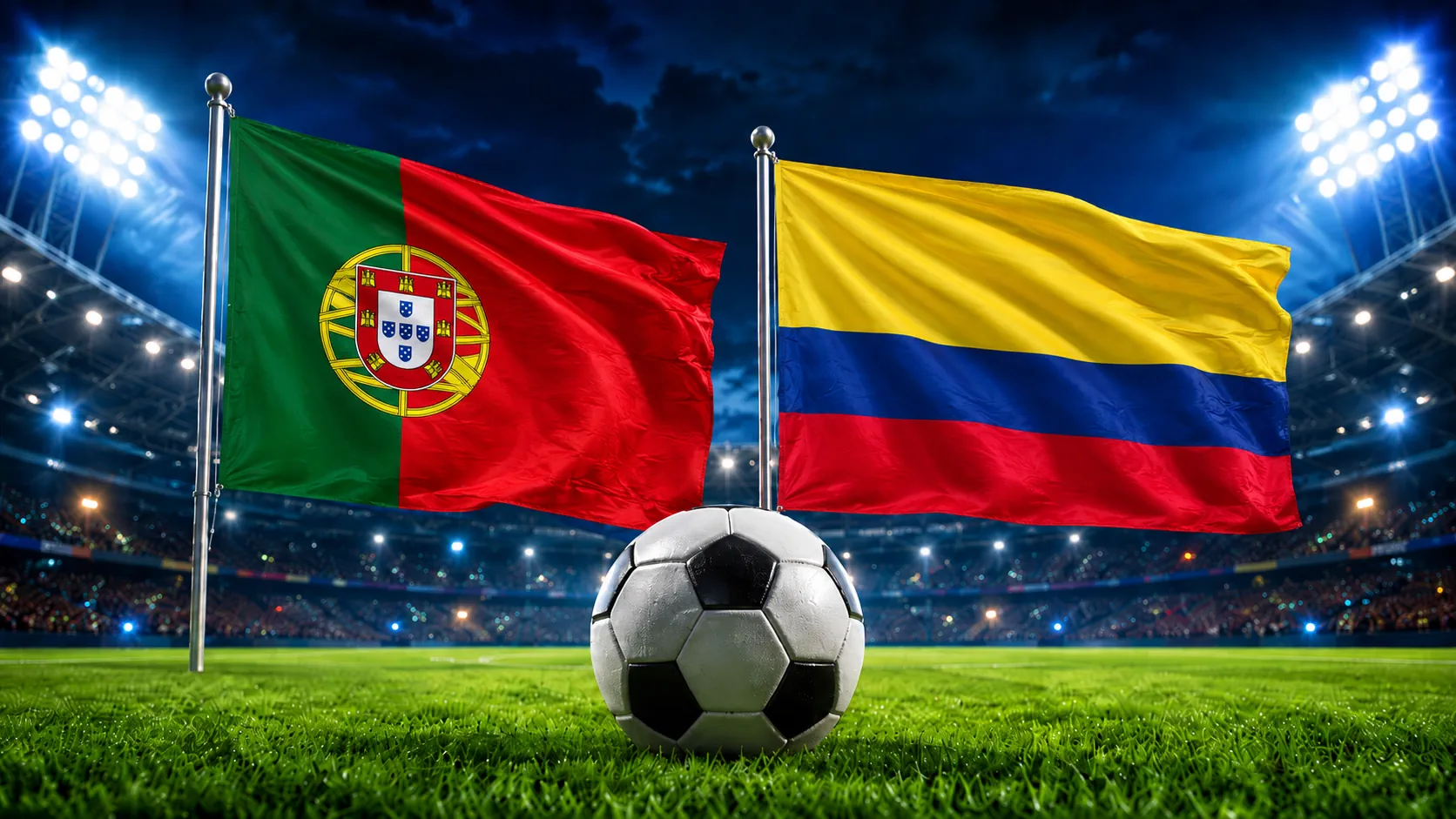 Bandeiras de Portugal e Colômbia em temática de futebol.