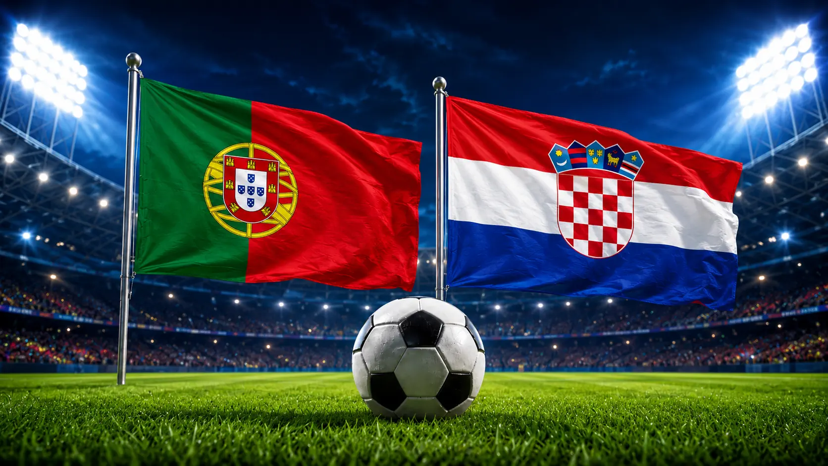 Bandeiras de Portugal e Croácia num ambiente de futebol.