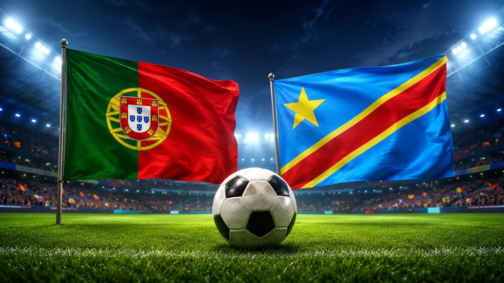 Bandeiras de Portugal e da RD Congo num estádio, alusivas ao jogo do Mundial 2026