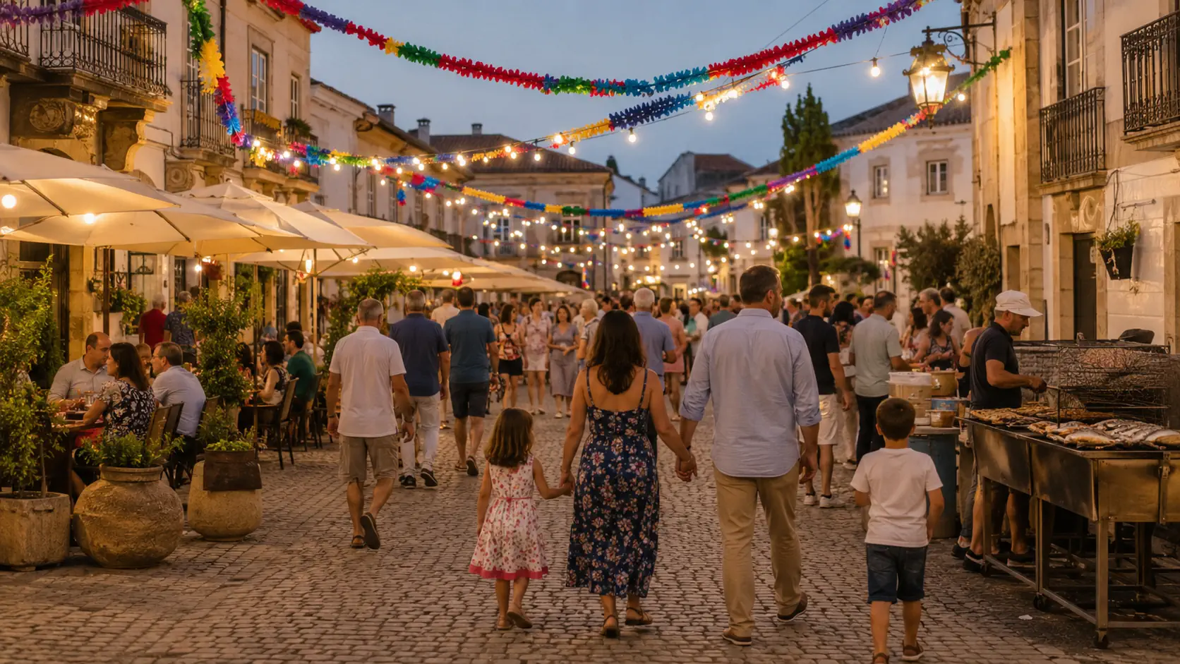 Festa popular de São Pedro numa praça portuguesa com luzes de arraial