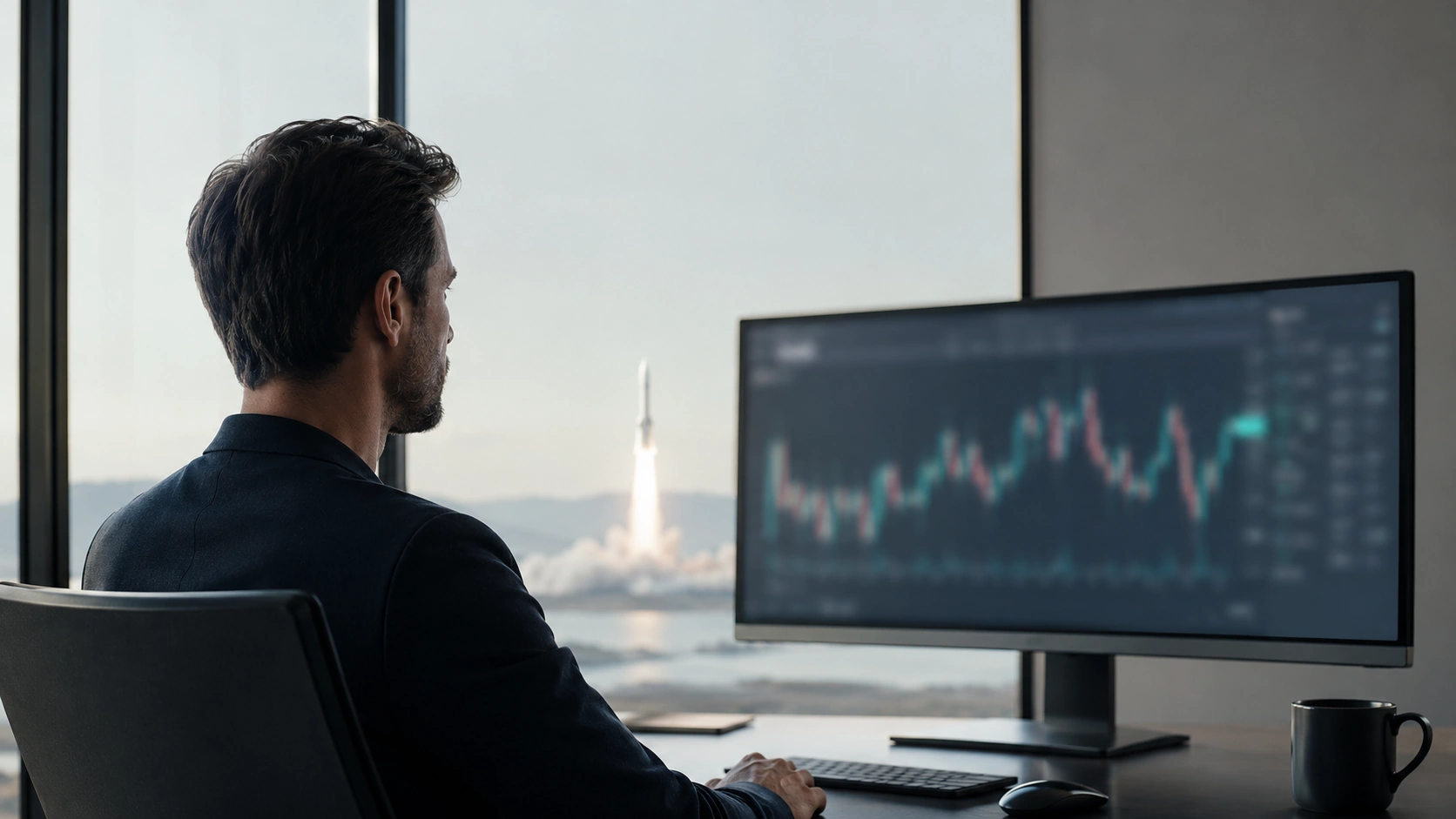 Pessoa a analisar gráficos financeiros abstratos relacionados com a entrada em bolsa de uma empresa espacial