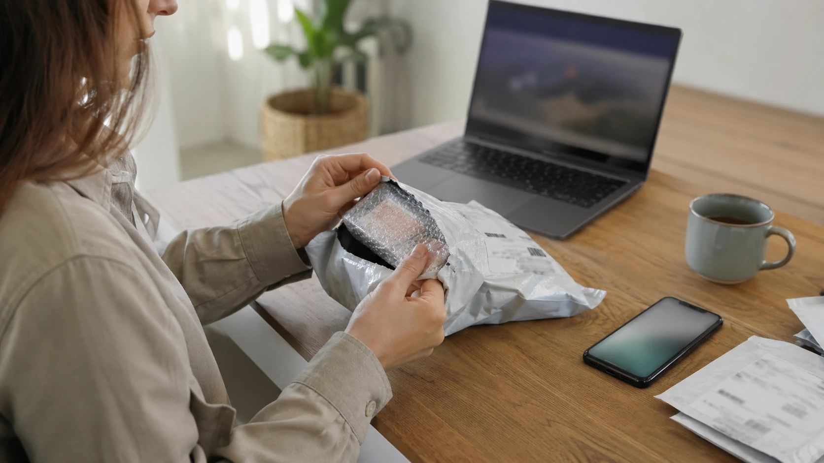 Pessoa a abrir uma encomenda de compras online numa mesa em casa