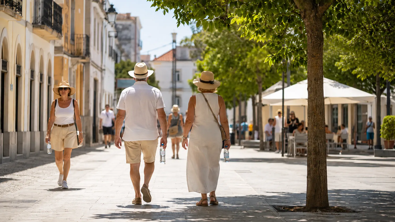 Pessoas a protegerem-se do calor numa rua portuguesa no início do verão
