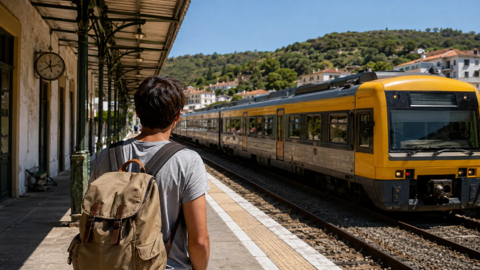 Jovem com mochila numa estação de comboios, alusivo ao programa ANDA Conhecer Portugal.