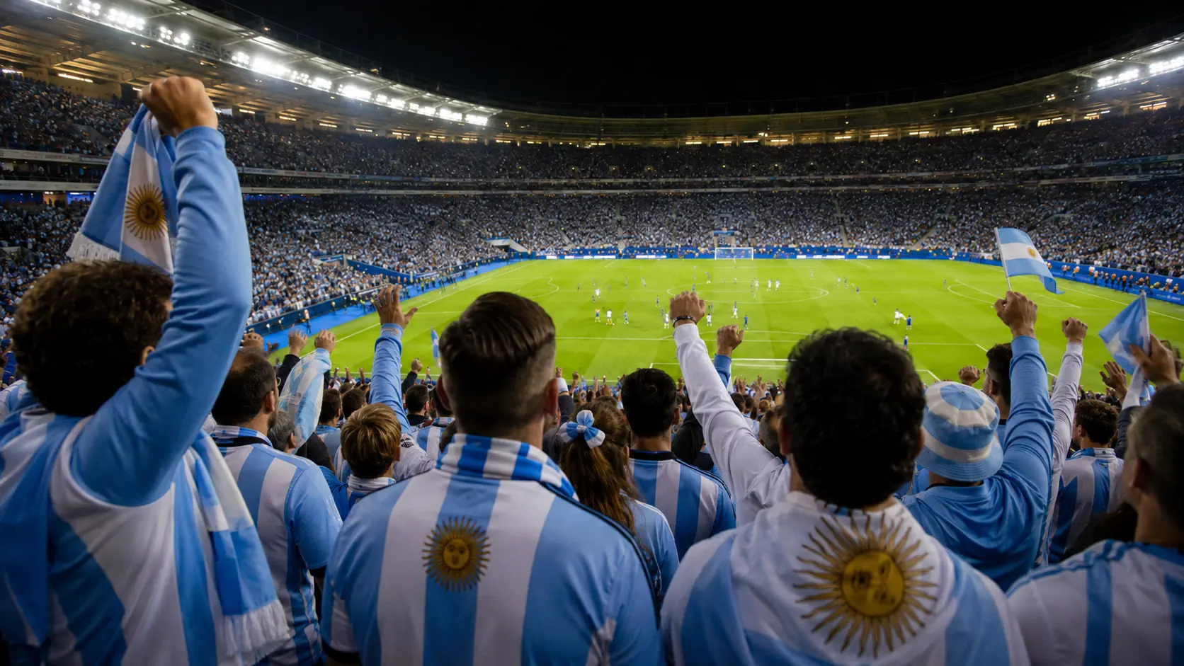 Estádio de futebol iluminado à noite, alusivo ao jogo Argentina-Cabo Verde no Mundial 2026.