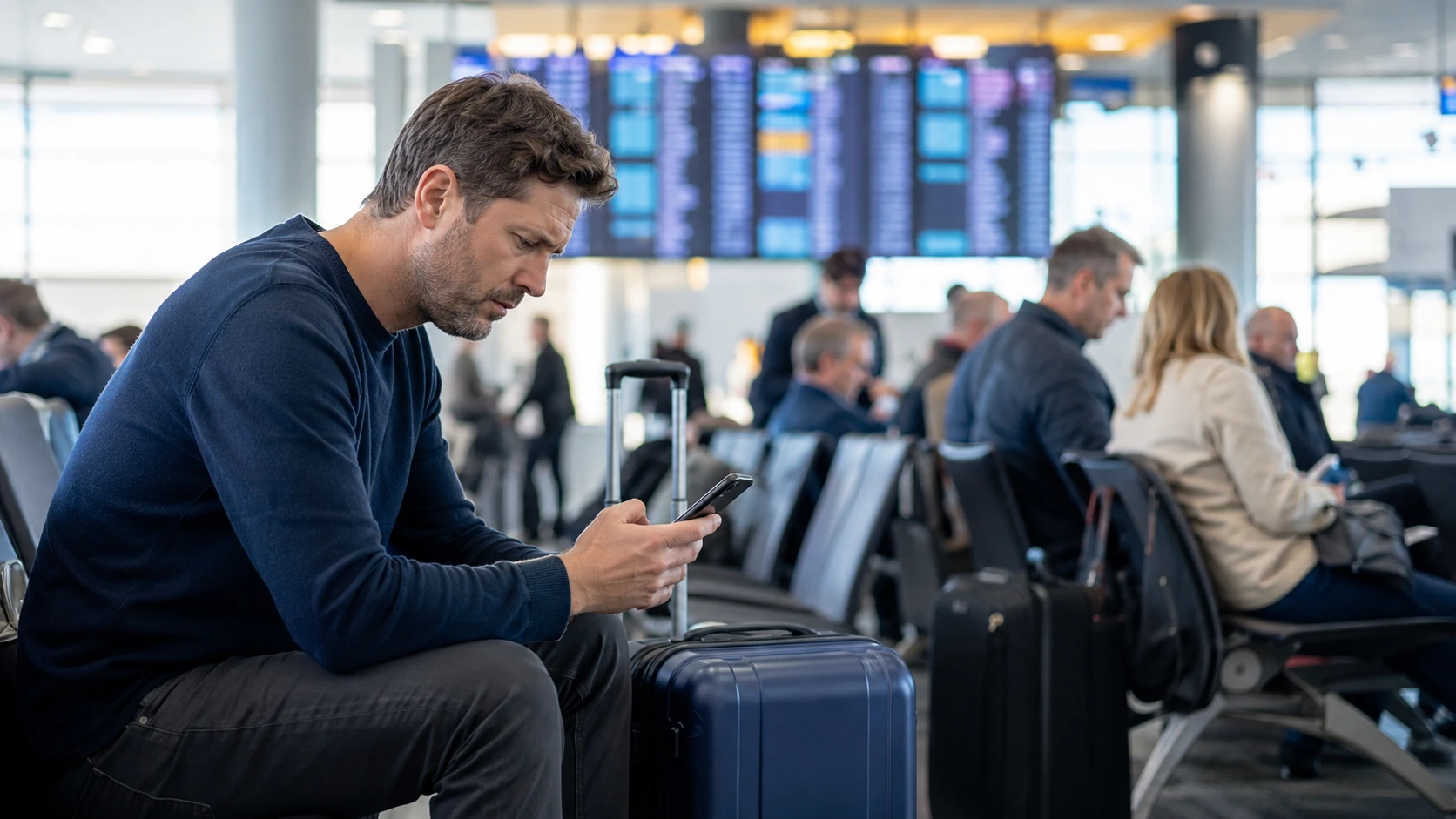 Passageiro consulta o telemóvel durante um atraso num aeroporto