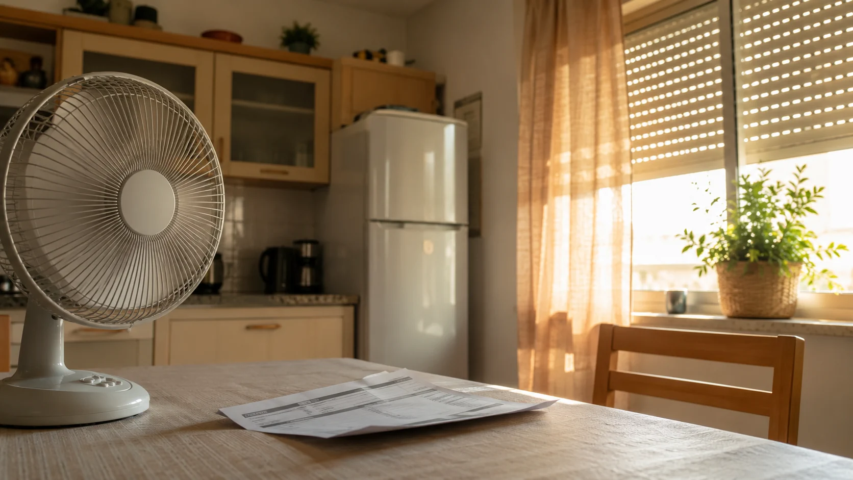 Fatura de eletricidade sem texto legível numa mesa, com ventoinha e eletrodomésticos ao fundo numa casa de verão.