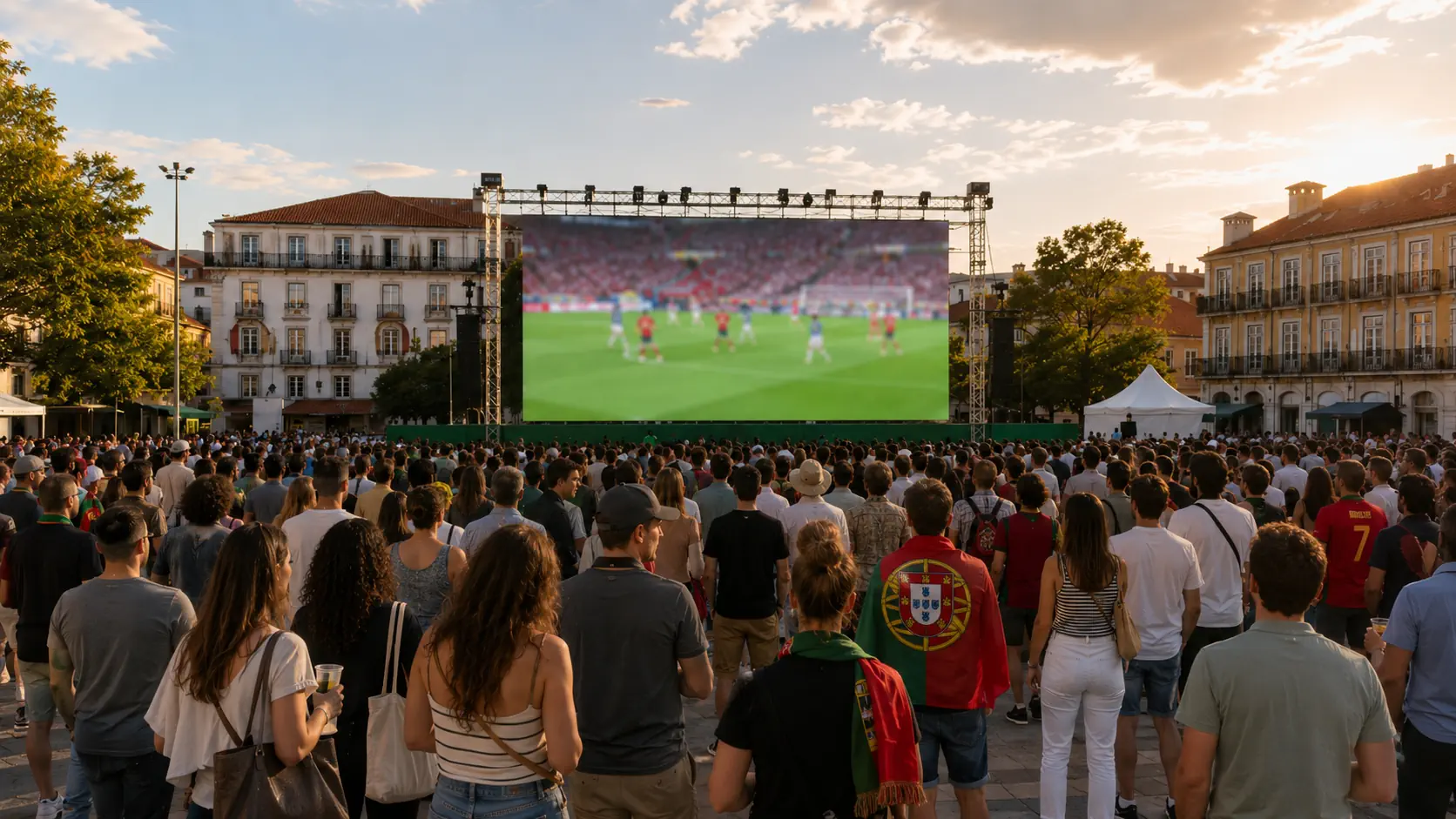 Fanzone de futebol cheio ao fim da tarde, alusivo ao Portugal-Espanha nos oitavos do Mundial 2026.