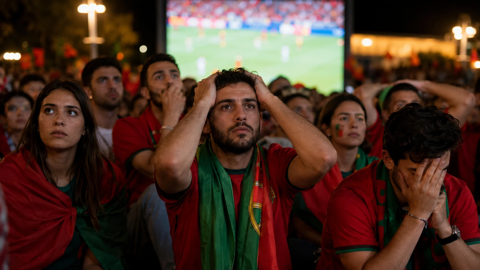 Adeptos de Portugal frustrados com a derrota no jogo contra Espanha.