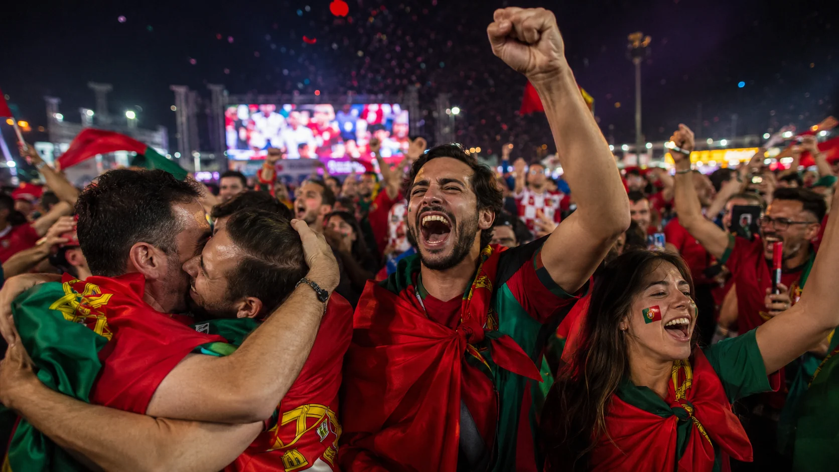 Adeptos portugueses celebram passagem aos oitavos de final do Mundial 2026.