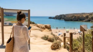 Pessoa consulta alertas no telemóvel antes de entrar numa praia portuguesa
